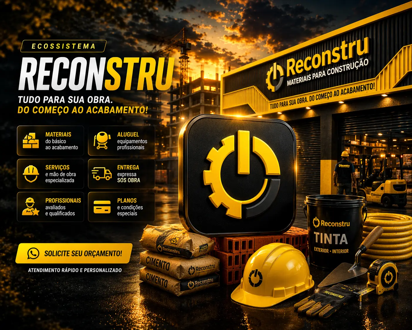 Ecossistema Reconstru com materiais, aluguel, serviços, entrega e profissionais